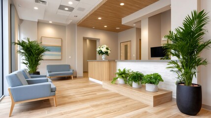 Fototapeta premium Modern office lobby interior design featuring stylish waiting area and reception desk