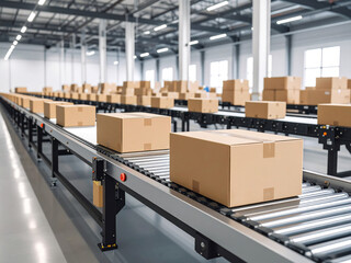 Automatic Moving Equipment Carrying Cardboard Boxes on a Conveyor Line in a Warehouse