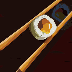 Close up of sushi roll held by chopsticks on dark surface