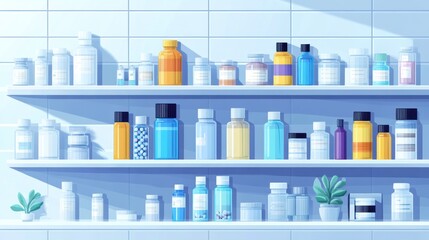 Pharmacy shelf with various bottles and containers; modern design; illustration for product display