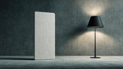 Blank vertical panel, dark room, lamp
