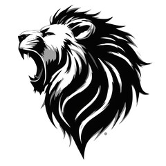 Obraz premium Schwarzes Vektor-Icon eines brüllenden Löwen im Profil, majestätische Silhouette auf weißem Hintergrund – kraftvolles, minimalistisches Symbol für Stärke und Wildtiere im Design.