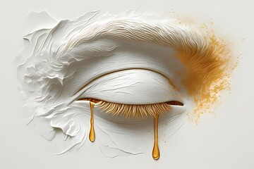 “A white face in low-relief with closed eyes, a single golden teardrop falling from one eye — emotive, minimalist, and deeply symbolic.”