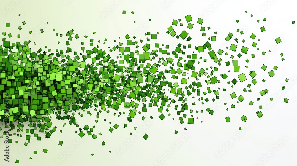 Poster abstract image featuring a dynamic flow of numerous small, varying shades of green squares against a
