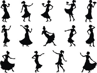 Silhouettes of elegant women in graceful poses, isolated on white background, vector illustration.