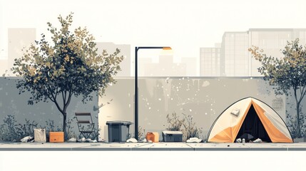 Urban homeless encampment, city sidewalk, quiet morning. Illustration