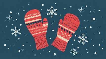 Winter mittens on a snowy night background. Possible use stock photo