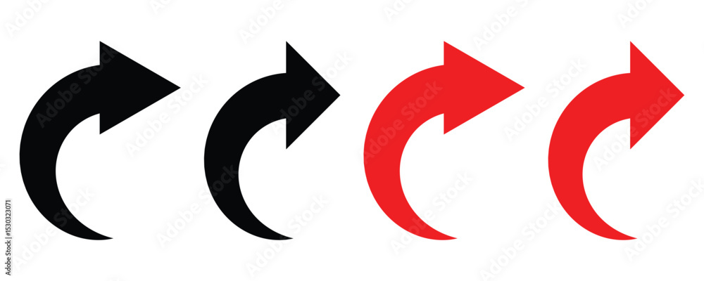 Poster curved right arrow set. curved arrow icons. curved arrows set. black and red arrows icon vector set.