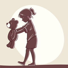 A girl and her teddy bear, stylized illustration with a muted color palette
