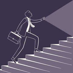 A man in a suit with a briefcase climbs stairs towards light