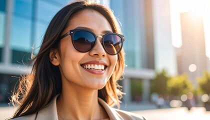 Stylish woman in sunglasses smiling outdoors on sunny day