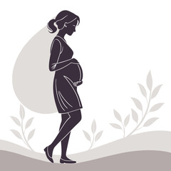 Elegant silhouette illustration of a pregnant woman walking in a stylized landscape