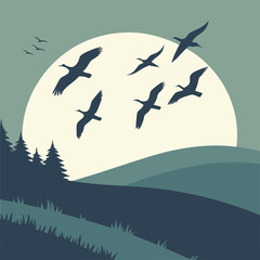 Geese in silhouette fly over a landscape of hills and trees