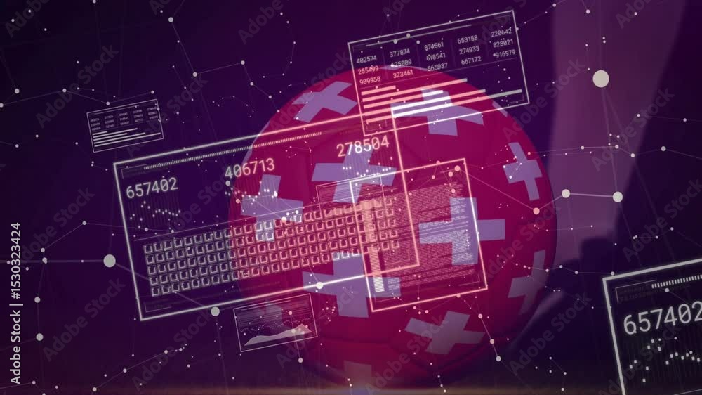 Poster purple backdrop appearing, sphere emerging, panels updating numbers and rotating, visualizing data