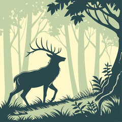 Majestic Silhouette of a Stag Walking Through a Dense Forest Clearing