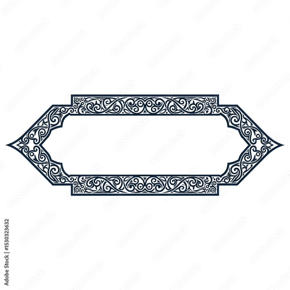 Fototapete an ornate darkblue arabesque frame, isolated on white background, features intricate swirling patter