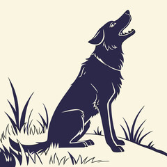 Silhouette Illustration of a Howling Dog Sitting Amongst Blades of Grass