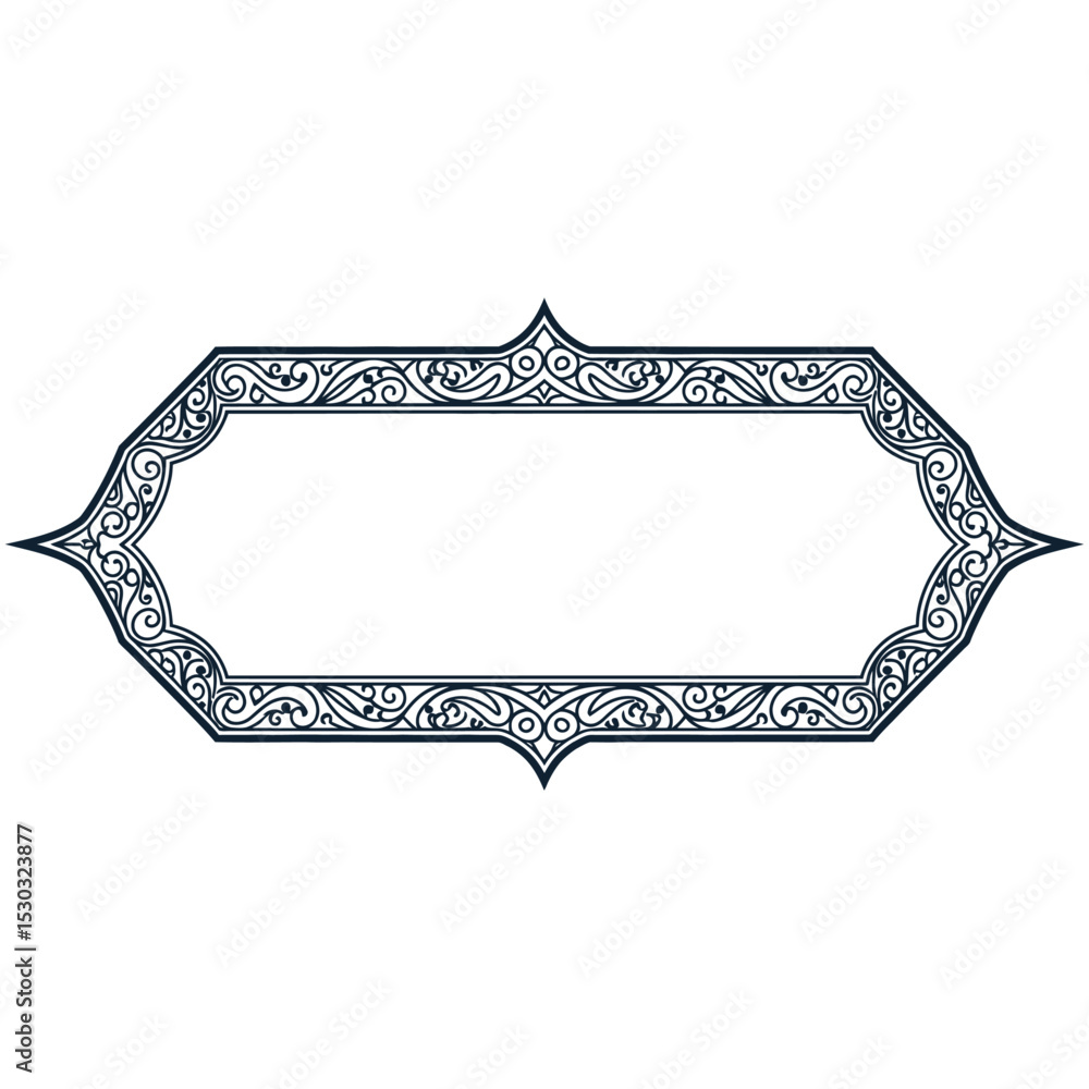 Poster an ornate darkblue frame, isolated on white background, features intricate swirling patterns and a c
