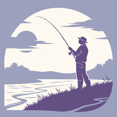 Silhouette of a fisherman casting his line on a tranquil river scene