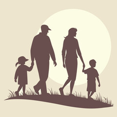 Silhouette of a family walking together on a hill with grass under a bright sun