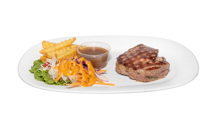 Grilled Beef Steak with Crinkle-Cut Fries, Salad, and Brown Sauce on White Plate