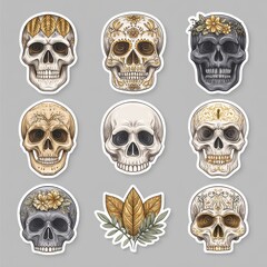 Nine Pixel Art Skulls with Floral and Leaf Designs