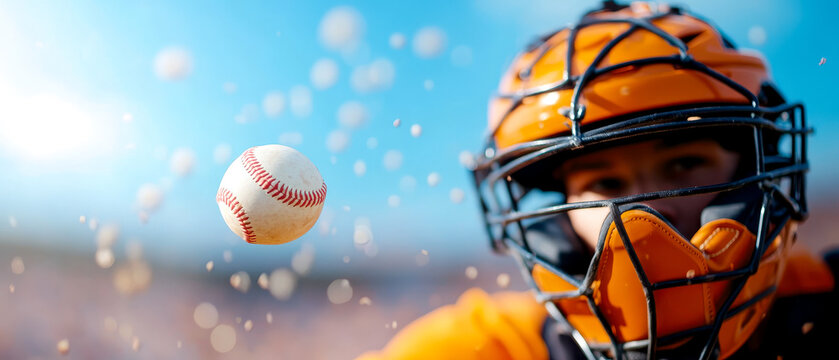 A baseball catcher wearing protective gear focuses on a flying baseball approaching during a game under a bright blue sky.