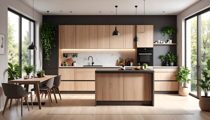 Modern Kitchen Design Light Wood Cabinets with Island, Greenery, Large Windows, and Home Interior.