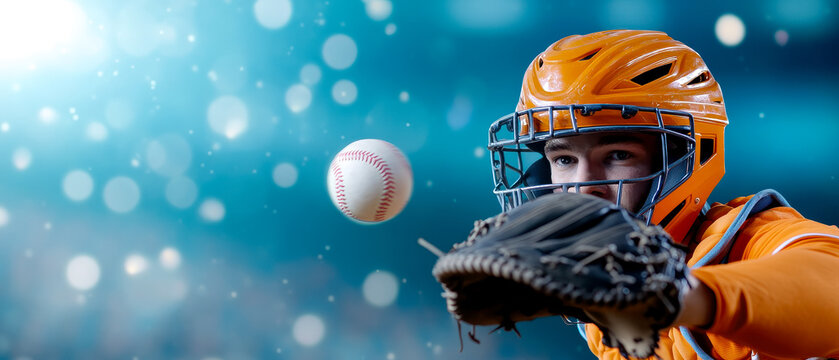 A baseball catcher in orange gear reaches to catch a ball, focused and ready in a dynamic sports action shot.
