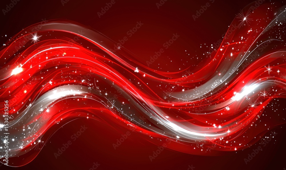 Poster abstract image of flowing, red and white waves with glittering sparkles on a dark red background. th