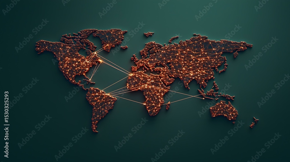 Poster a dark teal background shows a three-dimensional wireframe world map with glowing orange lines conne