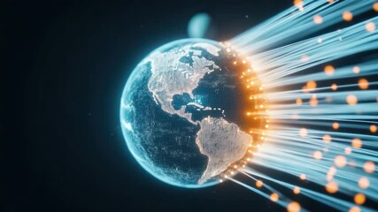 Global Connectivity: The world is illuminated by an intricate network of connections, represented by a luminous earth enshrouded in a matrix of data pathways.