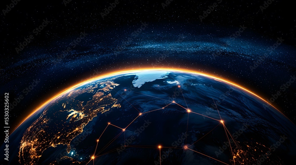 Poster a nighttime view of earth from space, showing city lights and a network of glowing lines connecting 