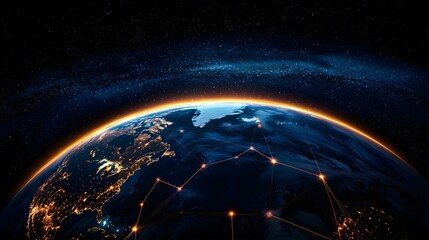 Obraz premium A nighttime view of Earth from space, showing city lights and a network of glowing lines connecting various points across the globe, set against the backdrop of a starry sky and the Milky Way.