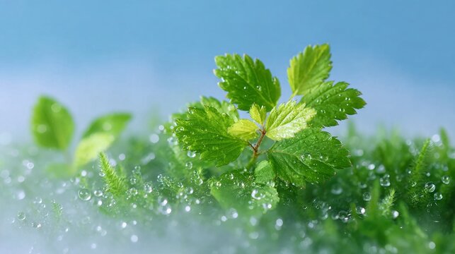 Closeup of Vibrant Green Plant with Dew Drops and Mist