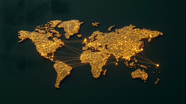 A golden, illuminated world map displays interconnected nodes, representing global communication and networking.