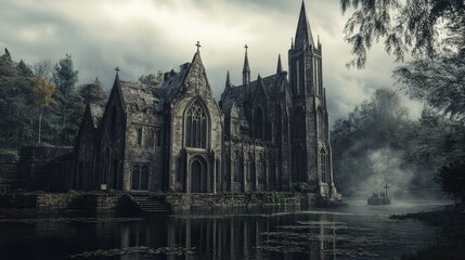 Fototapeta premium Gothic Chapel by the Lake: A Misty, Mysterious Scene