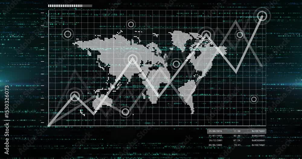 Poster green code streaming grid and map emerging markers popping graphs growing panel showing numbers