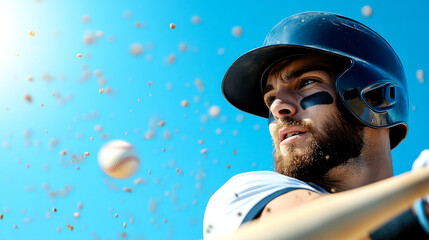 A close-up of a focused baseball player wearing a helmet and eye black, preparing to swing at an incoming baseball against a bright blue sky.