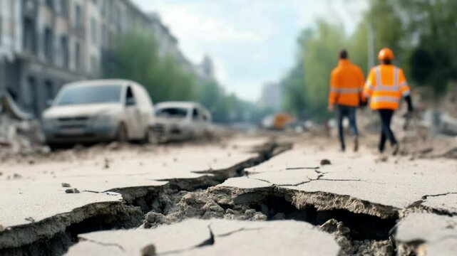 City Destruction: A stark scene depicts the devastating aftermath of a catastrophic event, with cracked roads and damaged buildings, with two figures surveying the scene.