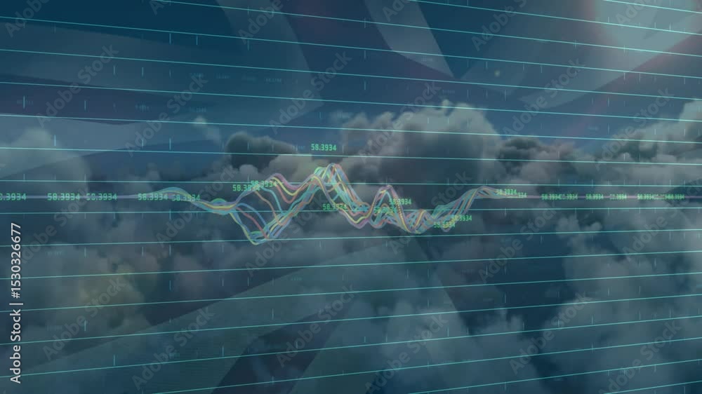 Poster at start multi-colored waveform rising shifting converging into peaks to illustrate real-time data