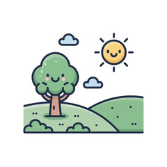 Charming cartoon landscape featuring a smiling tree and a cheerful sun, set amidst gentle hills and clouds. A cute and simple illustration, perfect for nature, environmental, or children's themes.