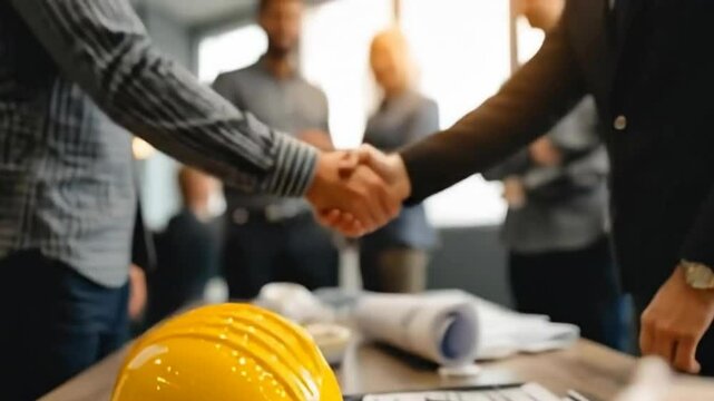 A construction hard hat is placed on a table while two individuals shake hands in the background, suggesting a business meeting or agreement in the construction industry.