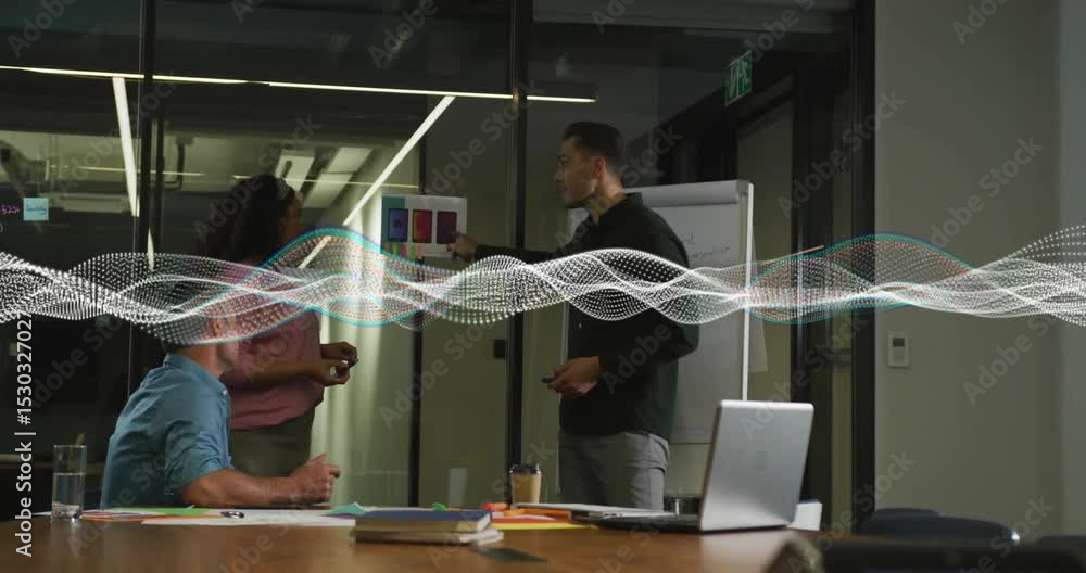 Aufkleber voice input activating audio-wave while business team adjusting swatches, updating chart for review