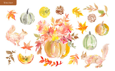 Watercolor abstract vector clipart set with autumn leaves, seasonal flowers, pumpkins, fruits, and squirrels. Hand-painted Thanksgiving illustration collection for pattern and background.