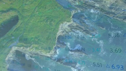 Starting aerial headland view, numeric data sliding over waves, showing trends with delta icons - Powered by Adobe