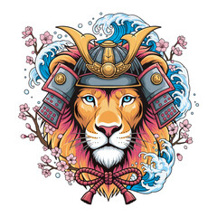 Majestic vector illustration of a lion's head wearing a traditional Japanese samurai helmet, surrounded by dynamic waves and delicate cherry blossoms. Symbolizes courage, strength, and warrior spirit.