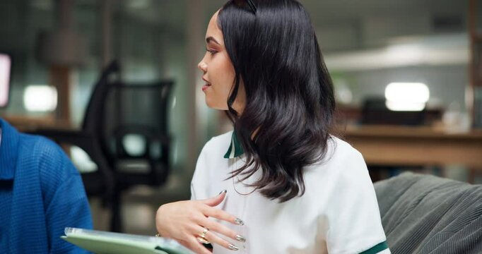 Woman, students and talk with tablet in library for research, study session and education at college. Group, friends and advice for project, assignment and test preparation for information on thesis