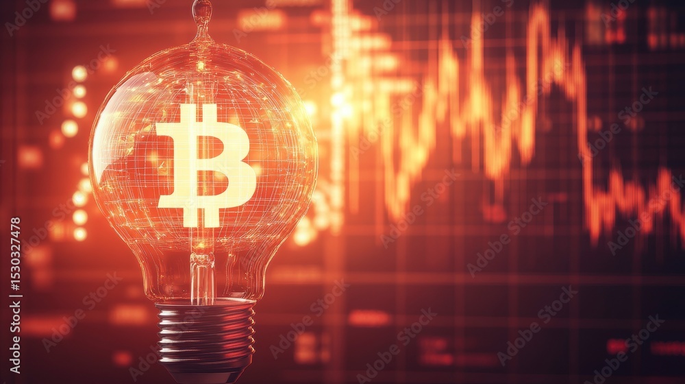 Poster glowing lightbulb with bitcoin symbol against a stock market graph background.