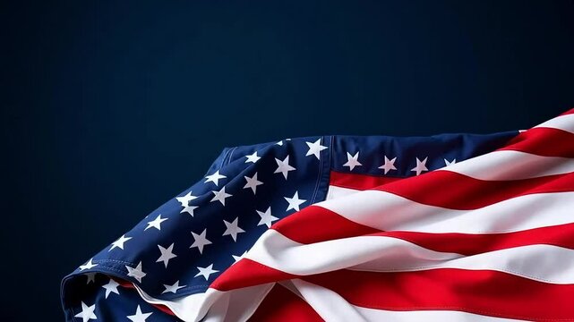 Dramatic American Flag Draped Against a Deep Blue Background Perfect for Patriotic Projects and Celebrations